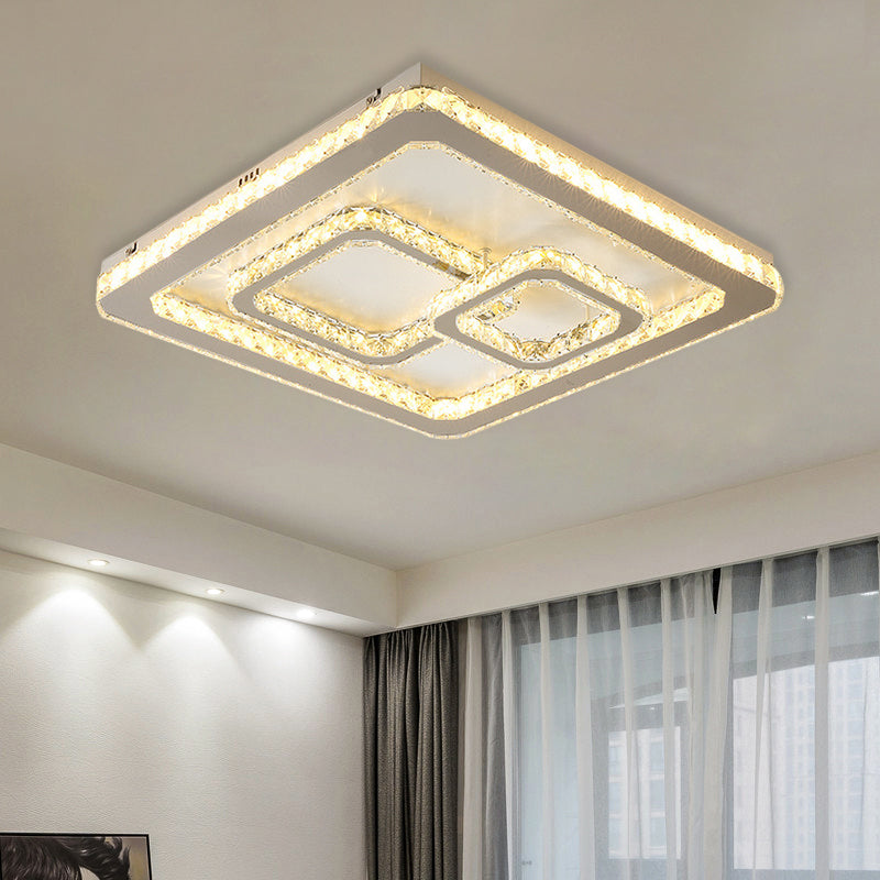 Modern Chrome Square LED Flush Mount Ceiling Lamp with Warm/White Light and Beveled Glass, Available in 3 Sizes (16.5"/20.5"/35.5")