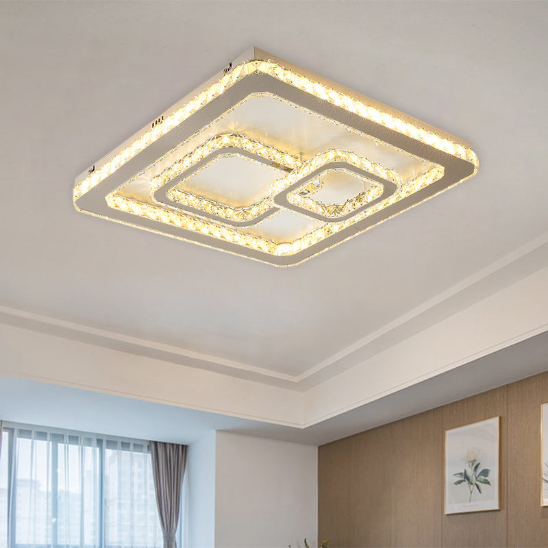 Modern Chrome Square Led Flush Mount Ceiling Lamp With Warm/White Light And Beveled Glass Available