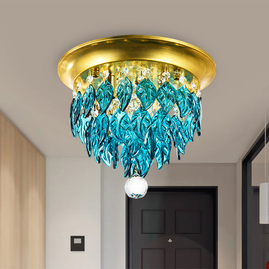 Modern Style Clear and Blue Crystal Flush Mount Lamp - Gold Ceiling Light with 4 Bulbs for Sleeping Room