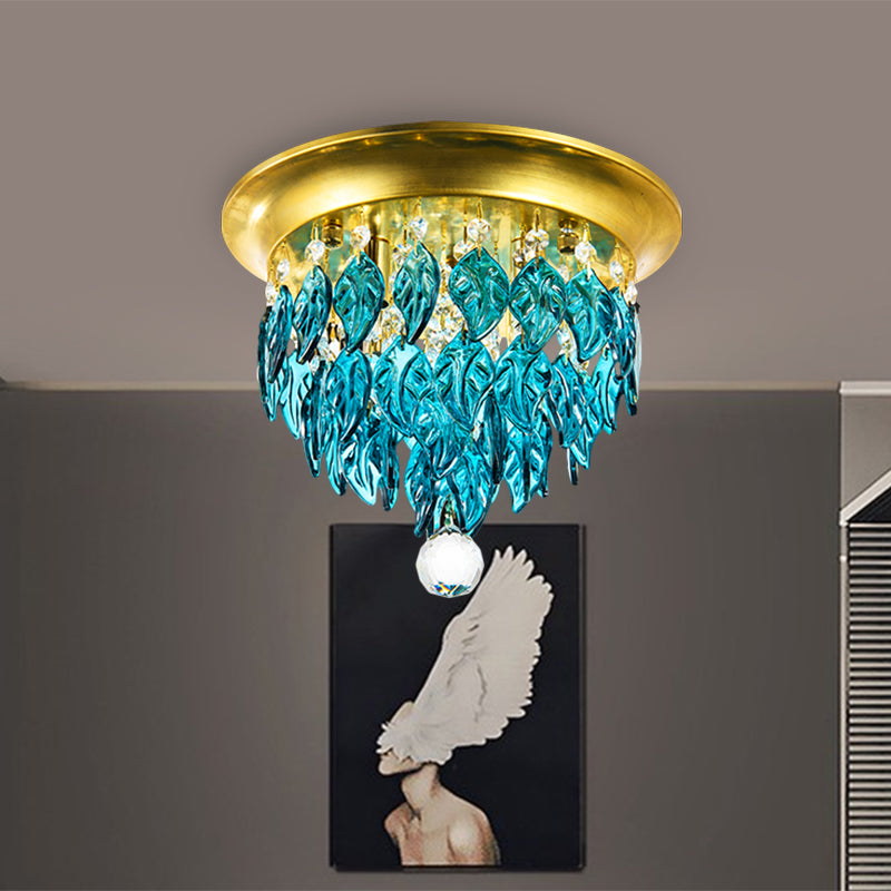 Modern Style Clear and Blue Crystal Flush Mount Lamp - Gold Ceiling Light with 4 Bulbs for Sleeping Room