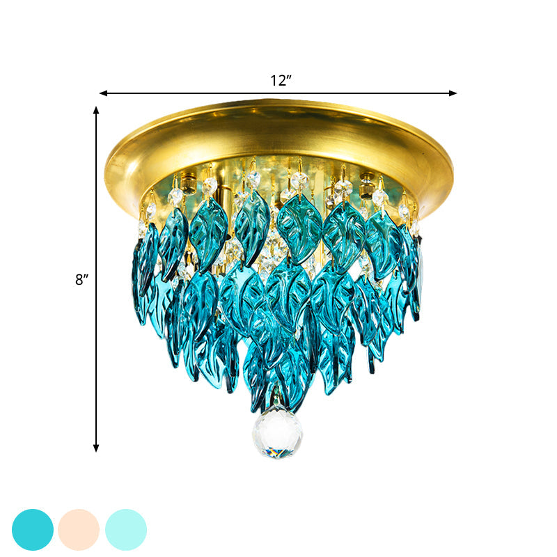 Modern Style Clear and Blue Crystal Flush Mount Lamp - Gold Ceiling Light with 4 Bulbs for Sleeping Room