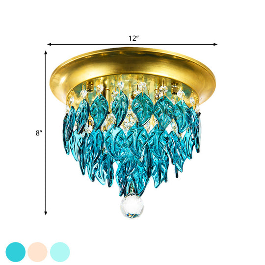 Modern Style Clear and Blue Crystal Flush Mount Lamp - Gold Ceiling Light with 4 Bulbs for Sleeping Room