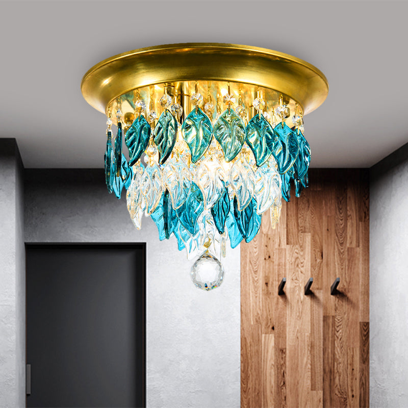 Modern Style Clear and Blue Crystal Flush Mount Lamp - Gold Ceiling Light with 4 Bulbs for Sleeping Room