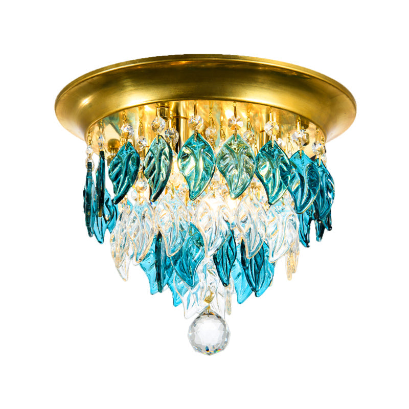 Modern Style Clear and Blue Crystal Flush Mount Lamp - Gold Ceiling Light with 4 Bulbs for Sleeping Room