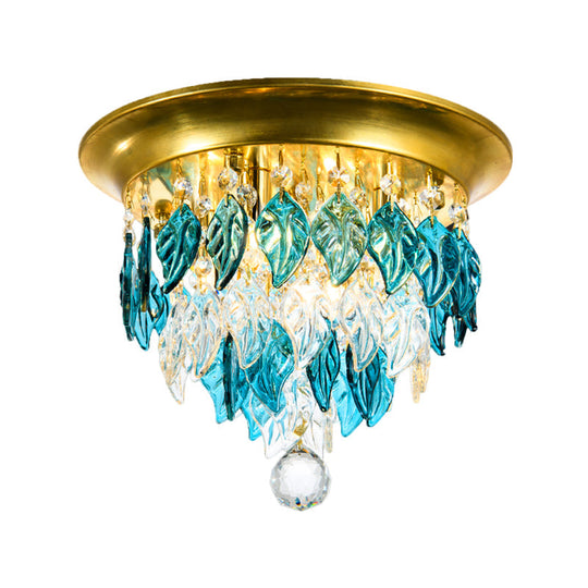 Modern Style Clear and Blue Crystal Flush Mount Lamp - Gold Ceiling Light with 4 Bulbs for Sleeping Room