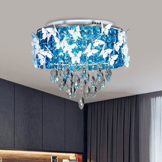 Contemporary Silver LED Ceiling Fixture with Clear, Amber & Blue Crystal Flush Mount and Butterfly Deco in Warm/White Light