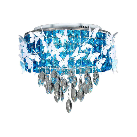 Contemporary Silver LED Ceiling Fixture with Clear, Amber & Blue Crystal Flush Mount and Butterfly Deco in Warm/White Light