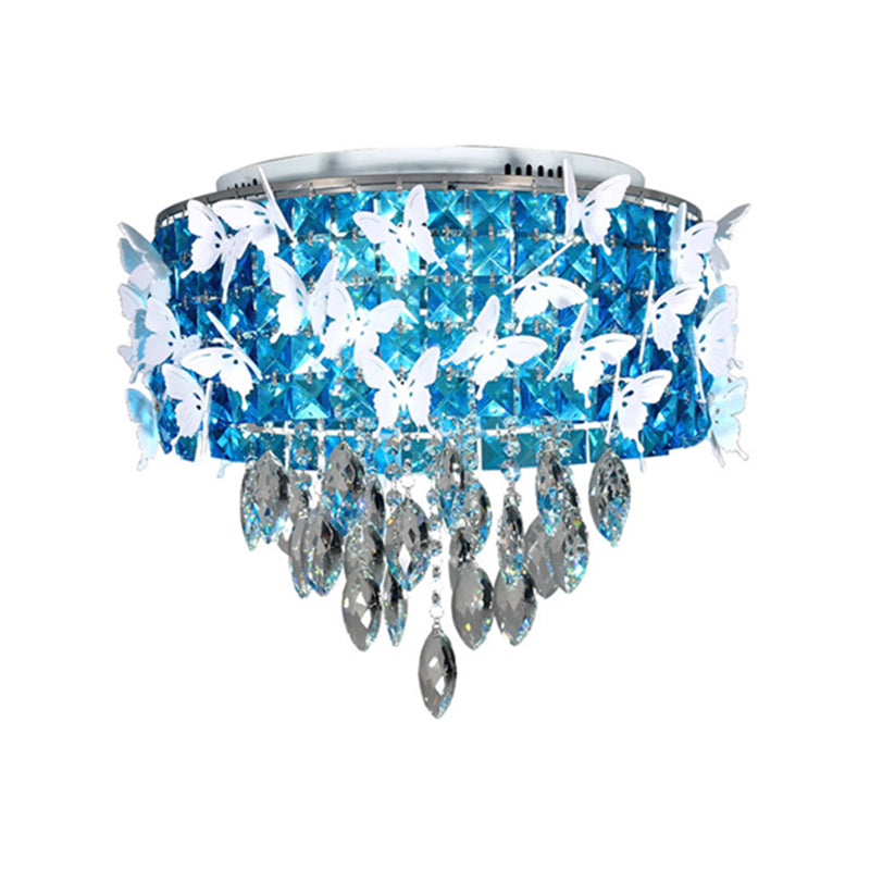 Contemporary Silver Led Ceiling Fixture With Clear Amber & Blue Crystal Flush Mount And Butterfly