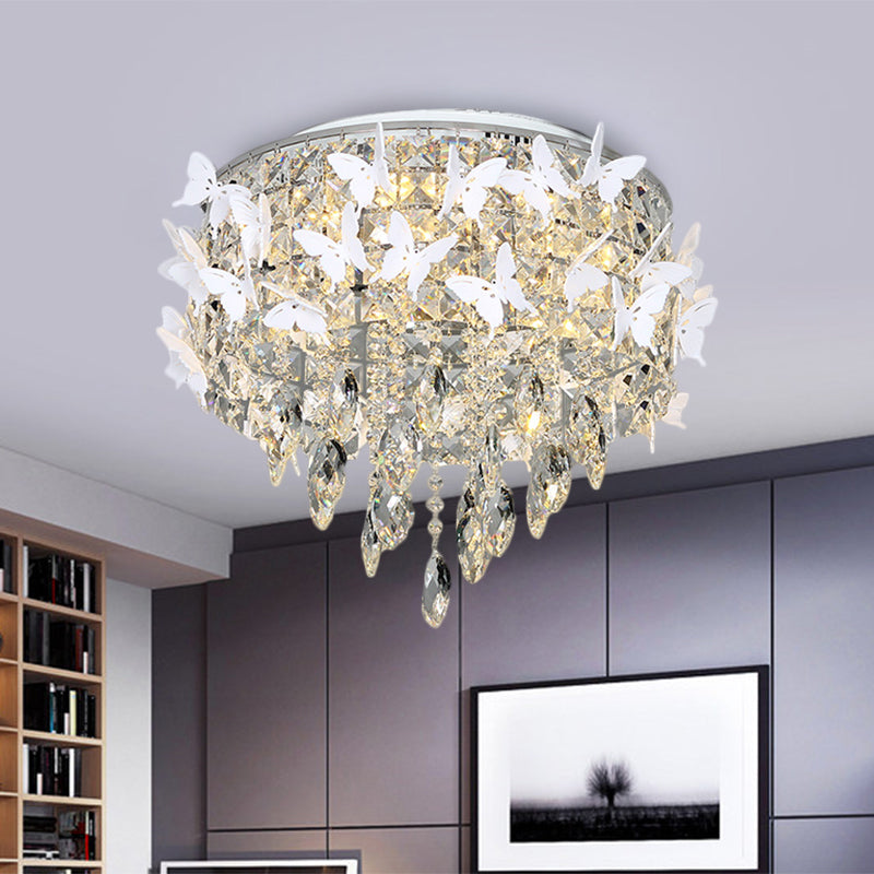 Contemporary Silver LED Ceiling Fixture with Clear, Amber & Blue Crystal Flush Mount and Butterfly Deco in Warm/White Light