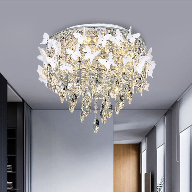 Contemporary Silver LED Ceiling Fixture with Clear, Amber & Blue Crystal Flush Mount and Butterfly Deco in Warm/White Light