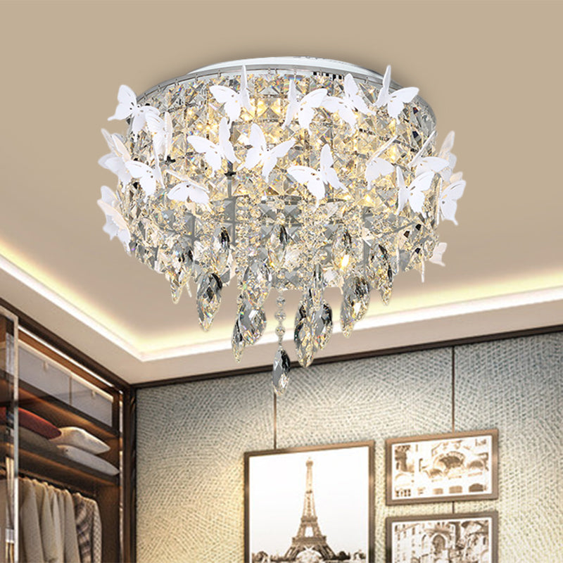 Contemporary Silver LED Ceiling Fixture with Clear, Amber & Blue Crystal Flush Mount and Butterfly Deco in Warm/White Light