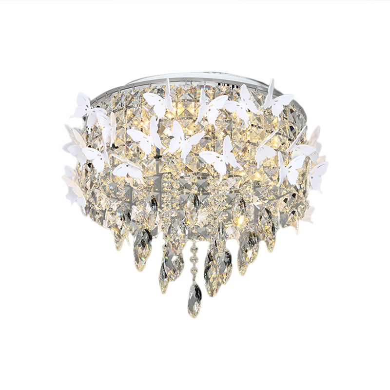 Contemporary Silver LED Ceiling Fixture with Clear, Amber & Blue Crystal Flush Mount and Butterfly Deco in Warm/White Light