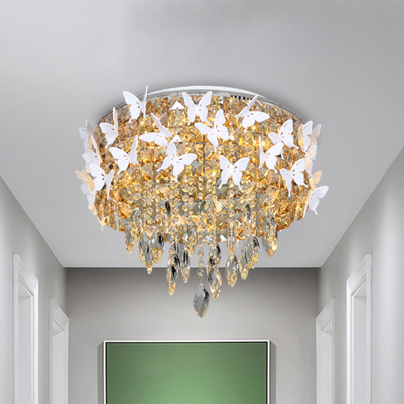 Contemporary Silver LED Ceiling Fixture with Clear, Amber & Blue Crystal Flush Mount and Butterfly Deco in Warm/White Light