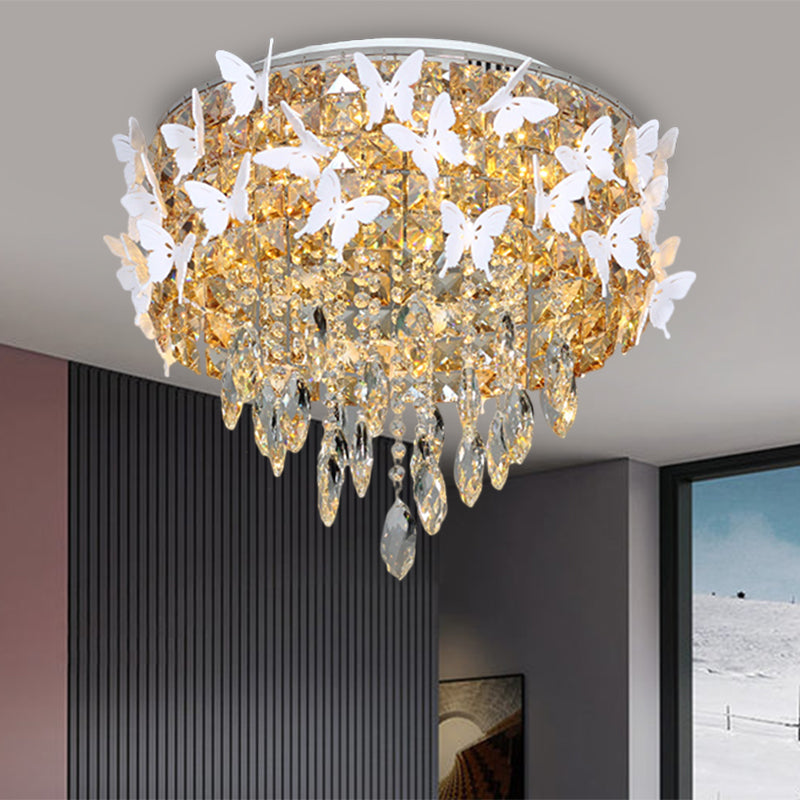 Contemporary Silver LED Ceiling Fixture with Clear, Amber & Blue Crystal Flush Mount and Butterfly Deco in Warm/White Light