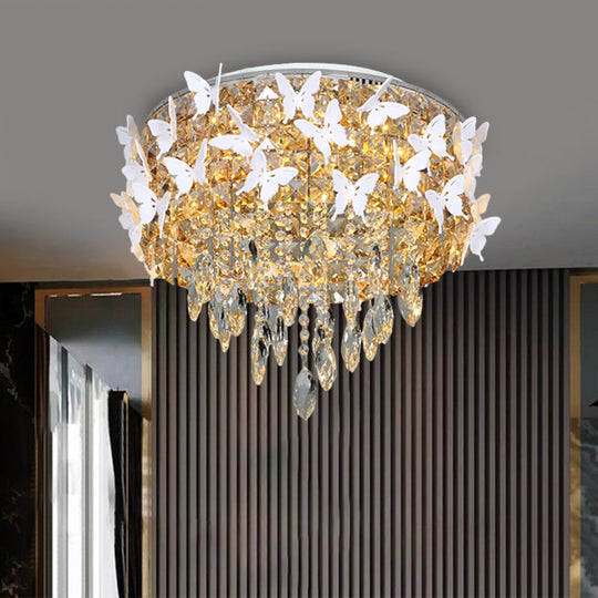 Contemporary Silver LED Ceiling Fixture with Clear, Amber & Blue Crystal Flush Mount and Butterfly Deco in Warm/White Light