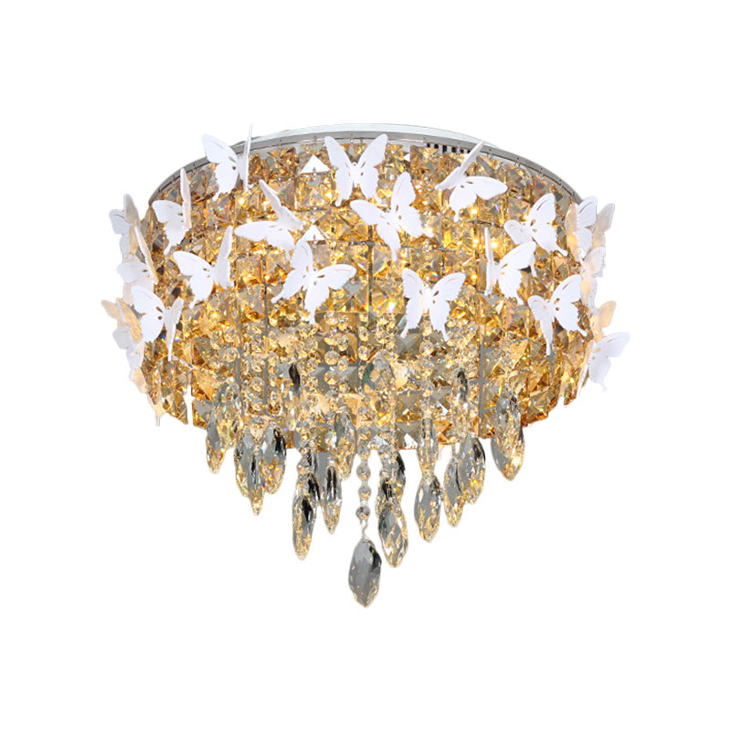 Contemporary Silver LED Ceiling Fixture with Clear, Amber & Blue Crystal Flush Mount and Butterfly Deco in Warm/White Light