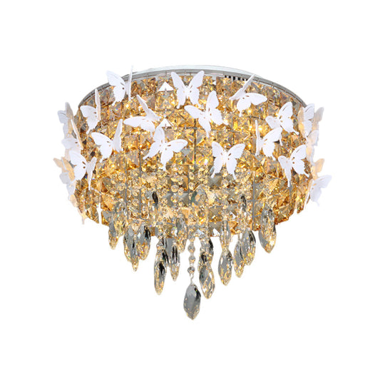 Contemporary Silver Led Ceiling Fixture With Clear Amber & Blue Crystal Flush Mount And Butterfly