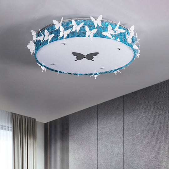 Modern Drum LED Flushmount Lighting with Clear/Amber/Lake Blue Crystal Bedroom Ceiling Fixture - Butterfly Decor, 19.5"/25.5" Wide