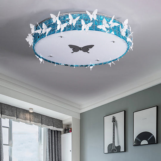 Modern Drum LED Flushmount Lighting with Clear/Amber/Lake Blue Crystal Bedroom Ceiling Fixture - Butterfly Decor, 19.5"/25.5" Wide