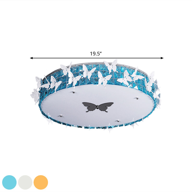 Modern Drum LED Flushmount Lighting with Clear/Amber/Lake Blue Crystal Bedroom Ceiling Fixture - Butterfly Decor, 19.5"/25.5" Wide