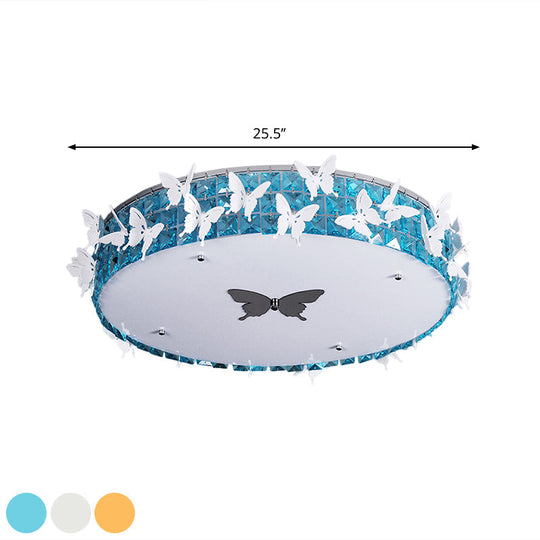 Modern Drum LED Flushmount Lighting with Clear/Amber/Lake Blue Crystal Bedroom Ceiling Fixture - Butterfly Decor, 19.5"/25.5" Wide