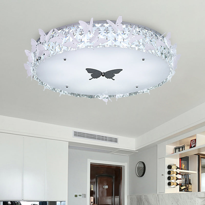 Modern Drum LED Flushmount Lighting with Clear/Amber/Lake Blue Crystal Bedroom Ceiling Fixture - Butterfly Decor, 19.5"/25.5" Wide