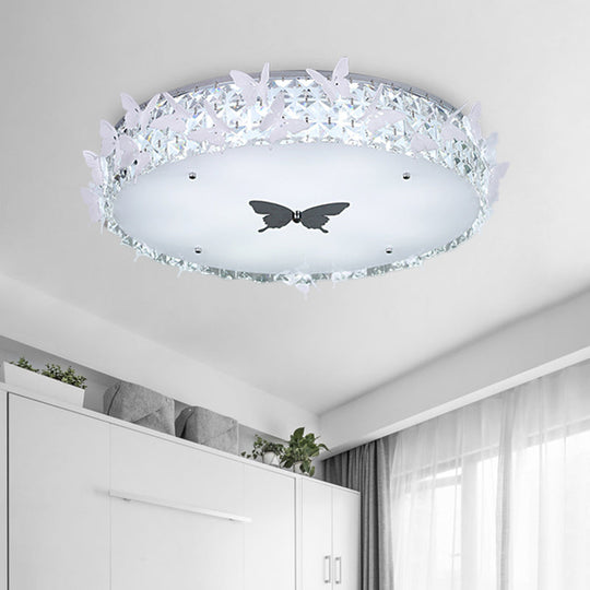 Modern Drum LED Flushmount Lighting with Clear/Amber/Lake Blue Crystal Bedroom Ceiling Fixture - Butterfly Decor, 19.5"/25.5" Wide