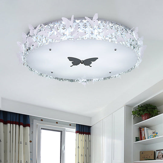 Modern Drum LED Flushmount Lighting with Clear/Amber/Lake Blue Crystal Bedroom Ceiling Fixture - Butterfly Decor, 19.5"/25.5" Wide