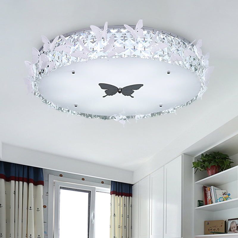 Modern Drum Led Flushmount Lighting With Clear/Amber/Lake Blue Crystal Bedroom Ceiling Fixture -