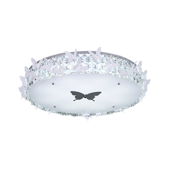 Modern Drum LED Flushmount Lighting with Clear/Amber/Lake Blue Crystal Bedroom Ceiling Fixture - Butterfly Decor, 19.5"/25.5" Wide