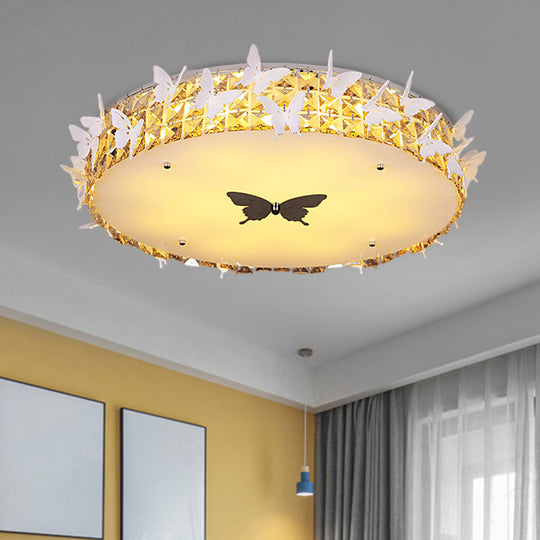 Modern Drum LED Flushmount Lighting with Clear/Amber/Lake Blue Crystal Bedroom Ceiling Fixture - Butterfly Decor, 19.5"/25.5" Wide