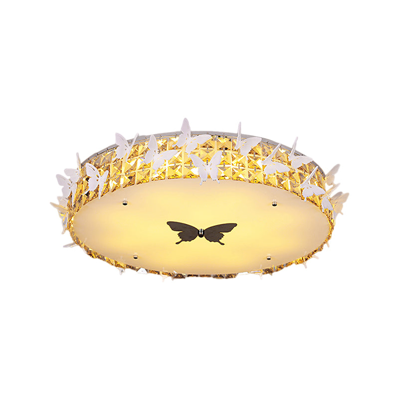 Modern Drum LED Flushmount Lighting with Clear/Amber/Lake Blue Crystal Bedroom Ceiling Fixture - Butterfly Decor, 19.5"/25.5" Wide