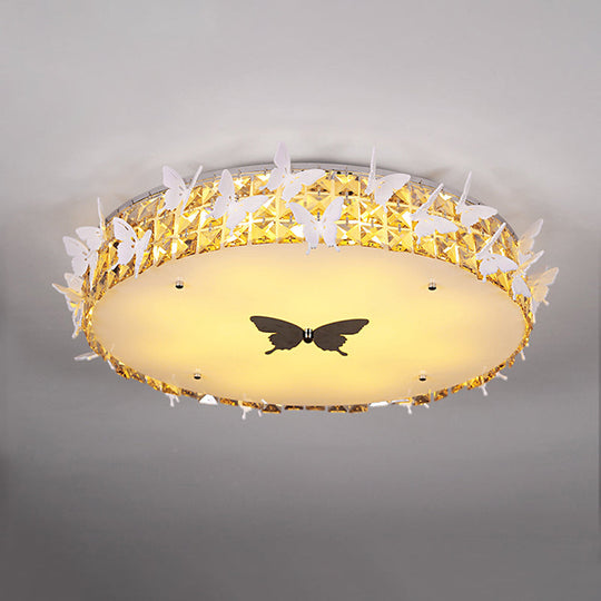 Modern Drum LED Flushmount Lighting with Clear/Amber/Lake Blue Crystal Bedroom Ceiling Fixture - Butterfly Decor, 19.5"/25.5" Wide