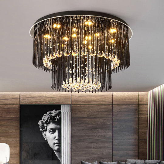 Contemporary Dual-Tiered LED Ceiling Flush Mount Light Fixture in Sleek Black - Crystal Orbs - 19.5"/23.5" Wide