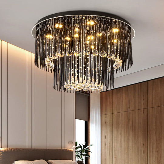 Contemporary Dual-Tiered LED Ceiling Flush Mount Light Fixture in Sleek Black - Crystal Orbs - 19.5"/23.5" Wide