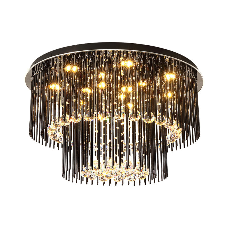 Contemporary Dual-Tiered LED Ceiling Flush Mount Light Fixture in Sleek Black - Crystal Orbs - 19.5"/23.5" Wide