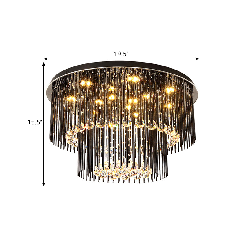 Contemporary Dual-Tiered LED Ceiling Flush Mount Light Fixture in Sleek Black - Crystal Orbs - 19.5"/23.5" Wide