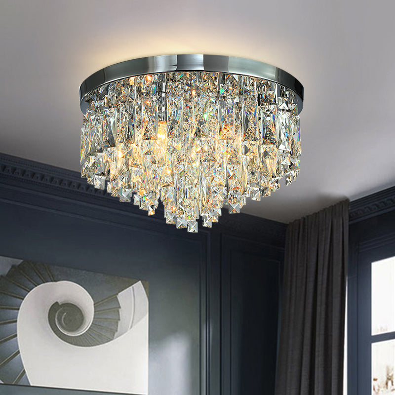 Modern Conical Crystal Block Ceiling Lamp: 12"/18" Wide, 4/6-Bulb Flush Mount in Chrome