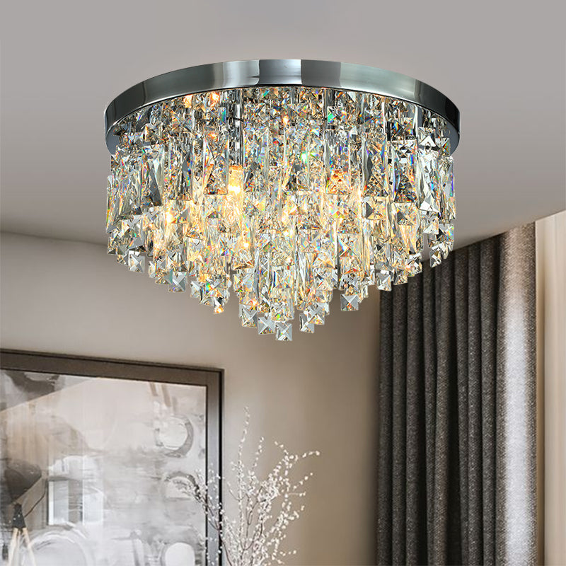 Modern Conical Crystal Block Ceiling Lamp: 12"/18" Wide, 4/6-Bulb Flush Mount in Chrome