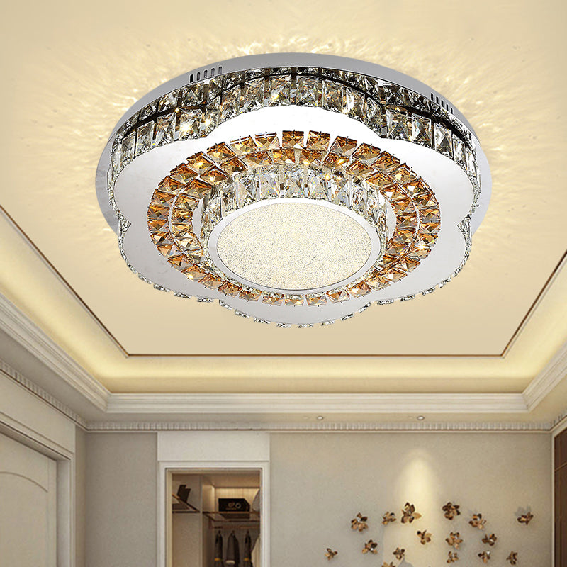 Modern Led Flower-Shaped Crystal Ceiling Mount Fixture In Chrome