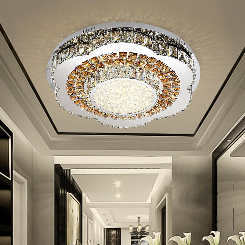 Modern LED Flower-Shaped Crystal Ceiling Mount Fixture in Chrome