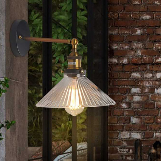 Brass Cone Wall Sconce With Clear Ribbed Glass - Industrial Living Room Lighting Fixture For Dining