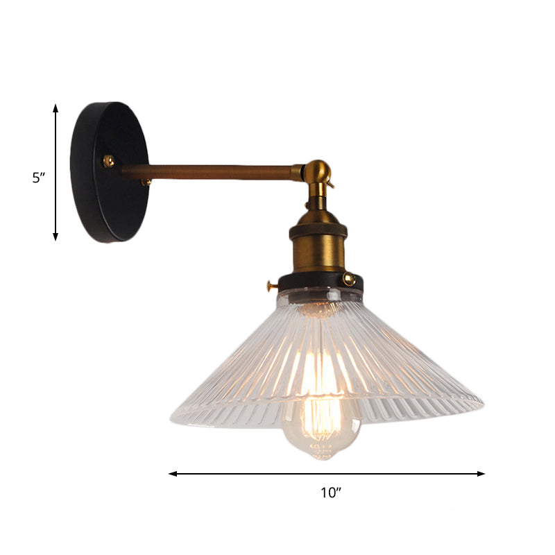 Brass Cone Wall Sconce With Clear Ribbed Glass - Industrial Living Room Lighting Fixture For Dining