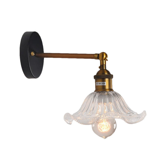 Brass Cone Wall Sconce With Clear Ribbed Glass - Industrial Living Room Lighting Fixture For Dining