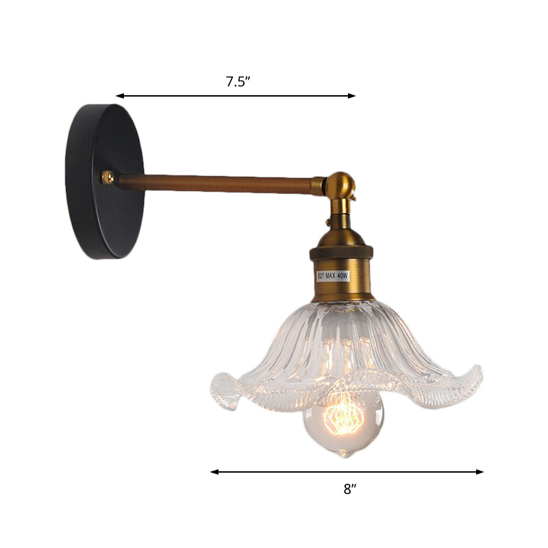 Brass Cone Wall Sconce With Clear Ribbed Glass - Industrial Living Room Lighting Fixture For Dining