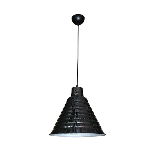 Industrial Style Metal Hanging Light - Ribbed Tapered Shade Black Finish Restaurant Pendant Lighting