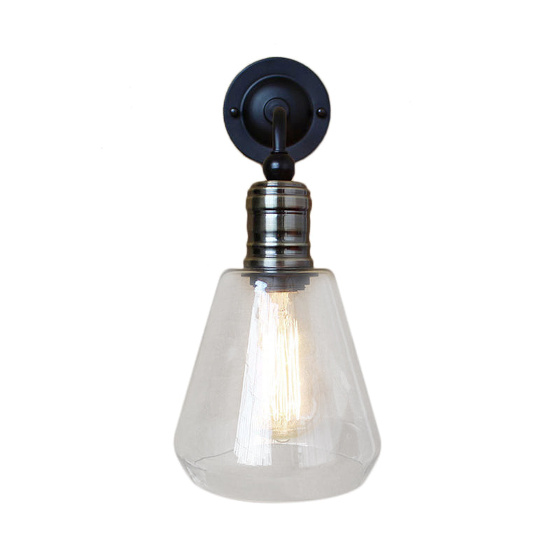 Rustic Single Bulb Clear Glass Wall Sconce Light In Black - Tapered Shade Design For Kitchen Decor