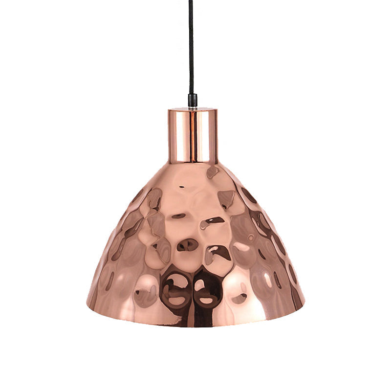 Rose Gold Dimpled Conic Metal Pendant Lamp - Industrial Style For Restaurants 1 Light Suspended With