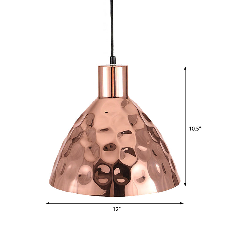 Rose Gold Industrial Pendant Light with Dimpled Conic Metal Design and Hanging Cord