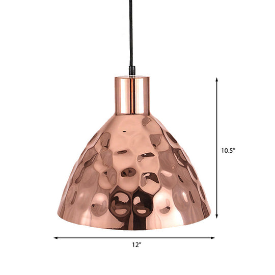 Rose Gold Industrial Pendant Light with Dimpled Conic Metal Design and Hanging Cord